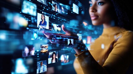 Young woman touching a virtual screen with multiple images of videos and photos floating in the air, representing a multi-platform digital content service concept