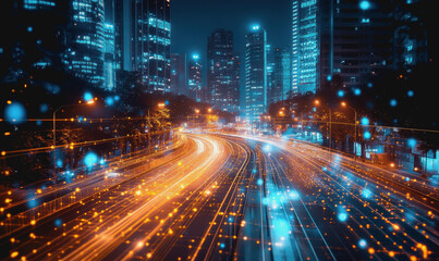 Fototapeta premium Futuristic city street, digital data overlay, neon lights, vibrant reflections on glass surfaces