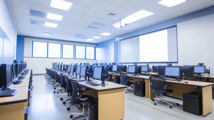 A modern computer lab with multiple workstations and a projector for educational use.