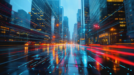Fototapeta premium Futuristic city street, digital data overlay, neon lights, vibrant reflections on glass surfaces