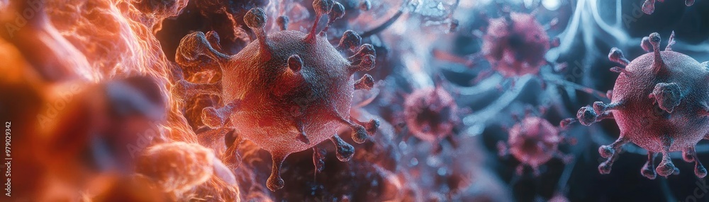 Poster Close-up view of virus structures representing pathogens in a vibrant and intricate cellular environment. Ideal for health and science.