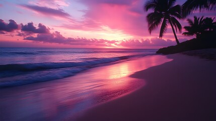 A peaceful beach at twilight, palm trees casting long shadows, soft waves caressing the shore, and the horizon glowing with pink and purple hues