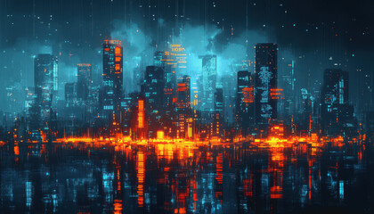 Obraz premium Futuristic city street, digital data overlay, neon lights, vibrant reflections on glass surfaces