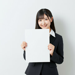 Naklejka premium 白紙の紙を正面に持つスーツの女性