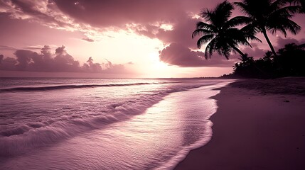 A peaceful beach at dusk, palm trees silhouetted against a violet sky, gentle waves washing over the shore, Vintage, Sepia tones, Retro style, calm and nostalgic