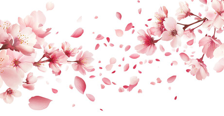Fototapeta premium Cherry blossom petals flying in the wind, pink cherry blossoms on white background