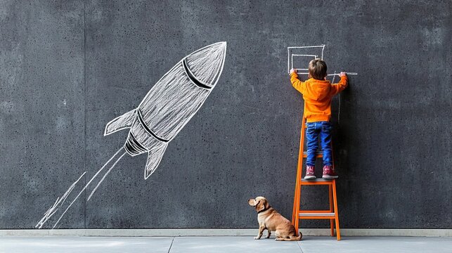 Photo of a child drawing on the wall with chalk, next to them is their dog, and they stand in front of it on a ladder