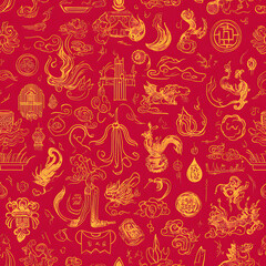 Chinese-inspired doodle tile seamless patterns in an illustrator graphic style
