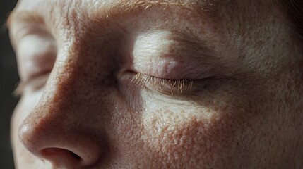 Close-up of a peaceful face with closed eyes, showcasing natural skin texture and serene expression.