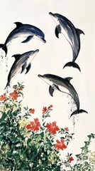 Naklejka premium Four Dolphins Leaping Through Flowers