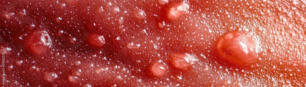 Aufkleber close-up of a textured red surface, featuring bubbles and droplets, evoking themes of fluidity and o