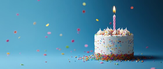 A small cake with colorful sprinkles and a single candle on top, set against a blue background for an advertising banner featuring first birthday or anniversary events. 
