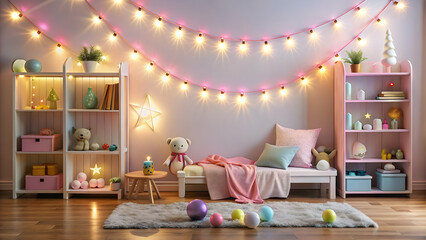 Cozy and colorful little girl's room with toys and fairy lights, bedroom, children, cozy, colorful, toys, stuffed animals