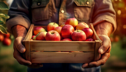 Extreme close-up of two wrinkled hands of a male farmer, holding a wooden crate full of ripe apples in an apple orchard. Generative Ai.