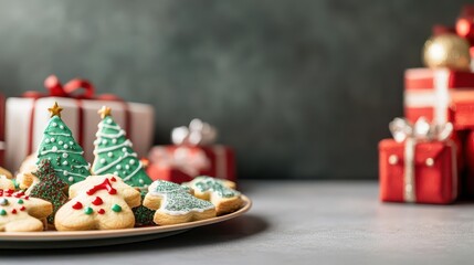 A table set for a Christmas feast, featuring a platter of assorted cookies shaped like Christmas trees and ornaments, with neatly stacked presents in the corner