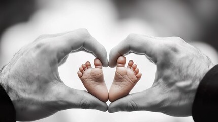 Close-up of a man's hands holding a baby's feet, forming a heart shape with his fingers. Photography, f/2.8.