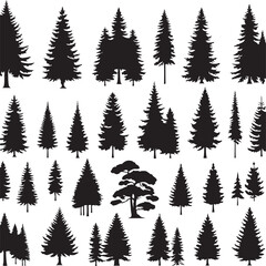 Obraz premium Pine Trres vector trees set. Tree icons are set in a modern flat style. Vector silhouette, graphic trees elements and landscape,generative ai,