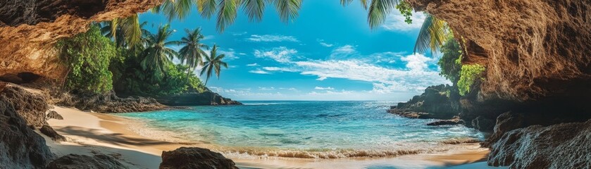 Discovering Secrets: Adventurer Exploring Hidden Tropical Cave with Ocean View