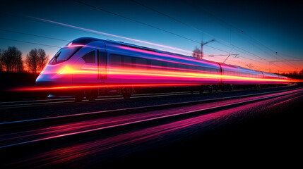 A high-speed train zooms past at twilight, creating a stunning light trail against the vibrant sky.