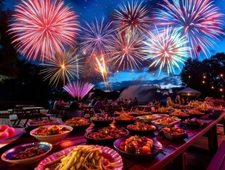 Celebrating New Year's Day 2025: Festive Park with Vibrant Fireworks, Communal Feast Tables