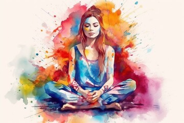Fototapeta premium Meditation in Motion Watercolor Illustration of Yogi in Pose. Neural network ai generated art