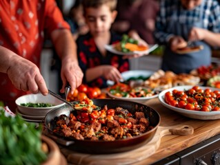 Obraz premium Cozy Family Gathering on New Year's Day 2025 in a Colorful Kitchen Cooking