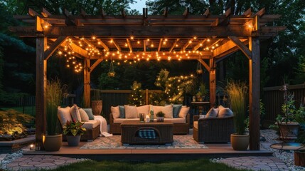 Fototapeta premium Cozy outdoor patio featuring a wooden pergola adorned with lights, perfect for relaxing evenings with friends and family.