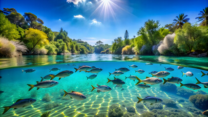 Obraz premium Fish swimming in clear blue water surrounded by nature, Fish, water, swimming, sea, blue, background, nature, underwater