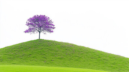 Vibrant purple tree atop a lush green hill