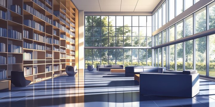 A modern library interior with large windows, bookshelves, and comfortable seating areas.