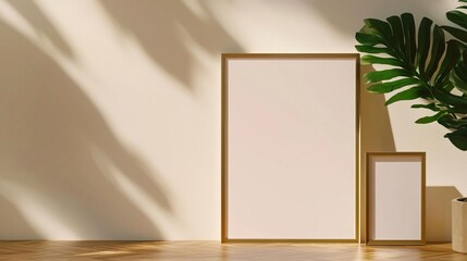 A simple, elegant poster mockup with a blank frame on the wall next to an empty picture frame, soft neutral tones of beige and light pink, a monstera plant in the corner for decor,