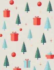 background Christmas pattern seamless, festive elements such as snowflakes, candy canes, Christmas trees, ornaments, stars, and gifts. The design showcases a joyful holiday theme with vibrant red