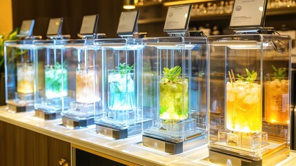 Refreshing Drinks on Display in Glass Cases at a Bar or Restaurant