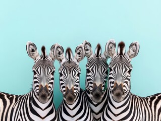 A family of four zebras, with all striped black and white fur They're sitting close together Soft...