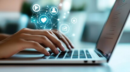 Close-up of hands typing on a laptop with digital icons floating above, surrounded by a white background and a blurred smartwatch in the foreground, representing remote work for an