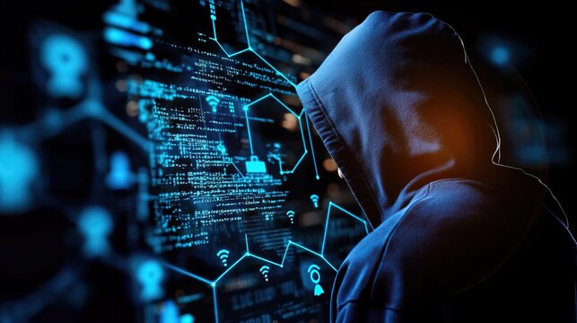 A hacker in a dark blue hoodie with the hood up, surrounded by digital symbols and code on a screen, representing the concept of cyber security.