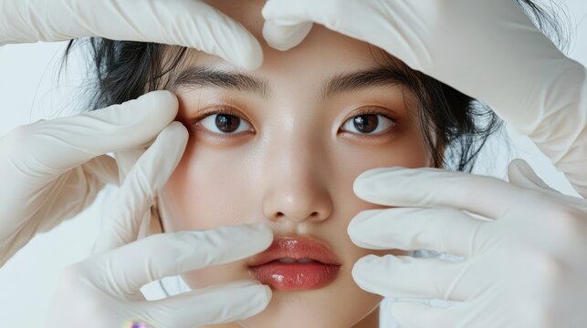 Plastic surgeon touching and examining facial skin of a Asian female,Woman face being checked doctor hands to cosmetic surgery,rhinoplasty surgery in clinic, generative ai,3d render.