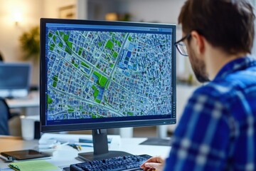 GIS specialist analyzing detailed city map on desktop