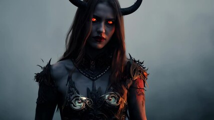 Dark fantasy character with horns and glowing eyes, dressed in intricate armor, evoking a sinister and mystical aura