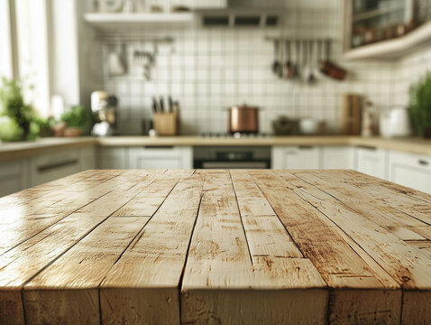 Empty wooden table on blurred kitchen background