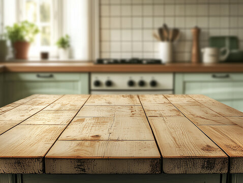 Empty wooden table on blurred kitchen background