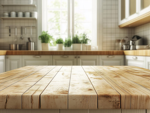 Empty wooden table on blurred kitchen background