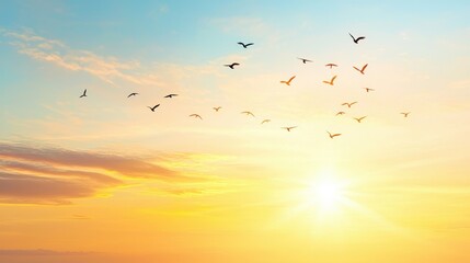 Sunset Sky with Birds Flying in Formation