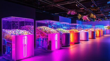Neon Lit Glass Display Cases with Colorful Contents