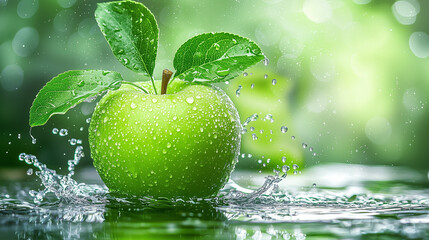 Fresh green apple splashing in clean water