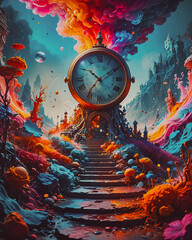 Vintage clock on the stairs in fantasy landscape. 3d rendering