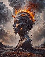 Digital painting of a female head in flames. 3D illustration.