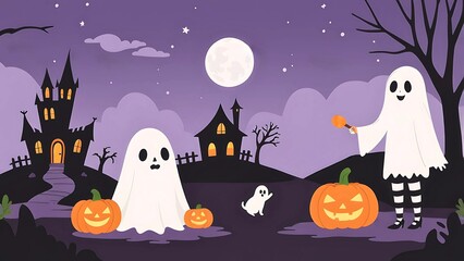 Halloween night scene with playful ghost, pumpkin and horror castle on purple sky and a full moon. Cartoon illustration for design, wallpaper, artwork, template, background