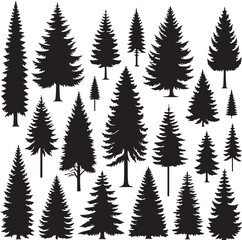 Pine Trres vector trees set. Tree icons are set in a modern flat style. Vector silhouette, graphic trees elements and landscape,generative ai,