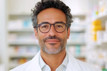 Fototapeta premium smiling 40 year old man pharmacy worker wearing white uniform, glasses, pharmacy in the background